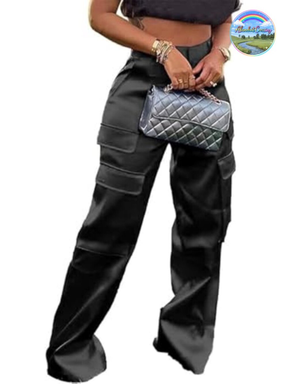 Satin Cargo Pants High Waisted Wide Leg Trousers with Pockets